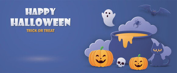 Happy Halloween banner with cute pumpkins, ghosts, bats and cauldron. Paper cut style