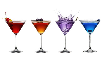 Four colorful martini cocktails isolated on transparent background, close up