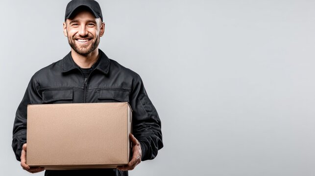 Friendly delivery person holding a package and smiling warmly. He exudes reliability and professionalism
