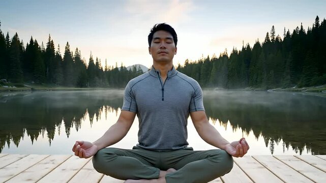 Peaceful Asian man meditating on a wooden dock, embracing wellness and serenity in a tranquil natural mountain landscape at sunrise