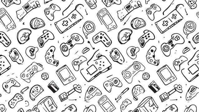 Retro Video Game Controller Doodle Pattern Background Illustration Featuring Classic Console Designs and Hand Drawn Style for Nostalgic Gaming Enthusiasts