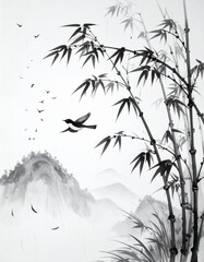 Obraz premium Ink wash painting depicting birds flying over a mountainous landscape with bamboo