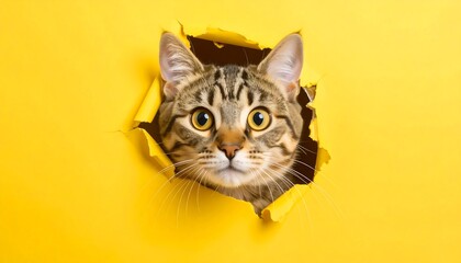 Tabby cat peering through a hole in yellow paper