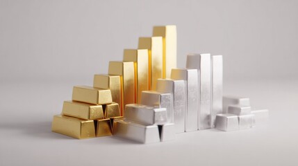 Fototapeta premium Gold bars and silver bars arranged in ascending order, showcasing financial growth and prosperity