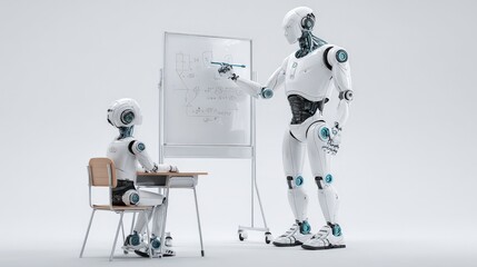 In a futuristic classroom setting, a robot teacher imparts knowledge to a student robot. ..Created with Generative AI, not depicting real subjects.