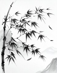 Ink wash painting depicting birds flying over a mountainous landscape with bamboo