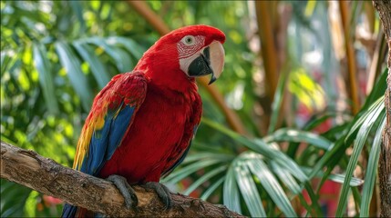 A vibrant Scarlet Macaw perches on a branch, showcasing its stunning plumage amidst lush greenery. The bird's striking red feathers and bright colors make it a captivating sight.