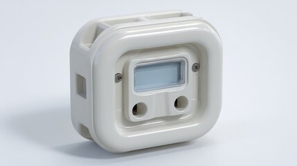 Fototapeta premium Glossy off-white rounded cube with a small LCD screen on a light background