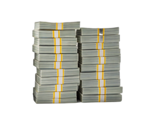 Two stacks of u.s. dollar bills with yellow security straps isolated on transparent background png transparent background