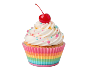 Delicious cartoon cupcake with cherry topping and colorful sprinkles isolated transparent background
