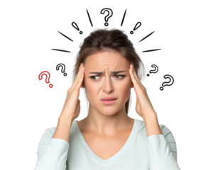 Woman experiencing intense headache holding her temples with concerned facial expression transparent background