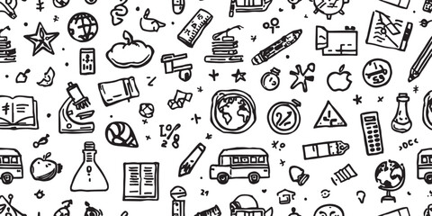 Seamless Pattern of Hand Drawn School Supplies and Educational Icons for Back to School Concepts and Designs Perfect for Backgrounds