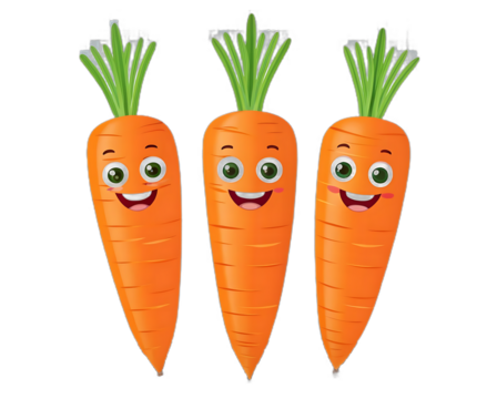Three adorable cartoon carrots with happy faces and green tops isolated on a transparent background transparent background
