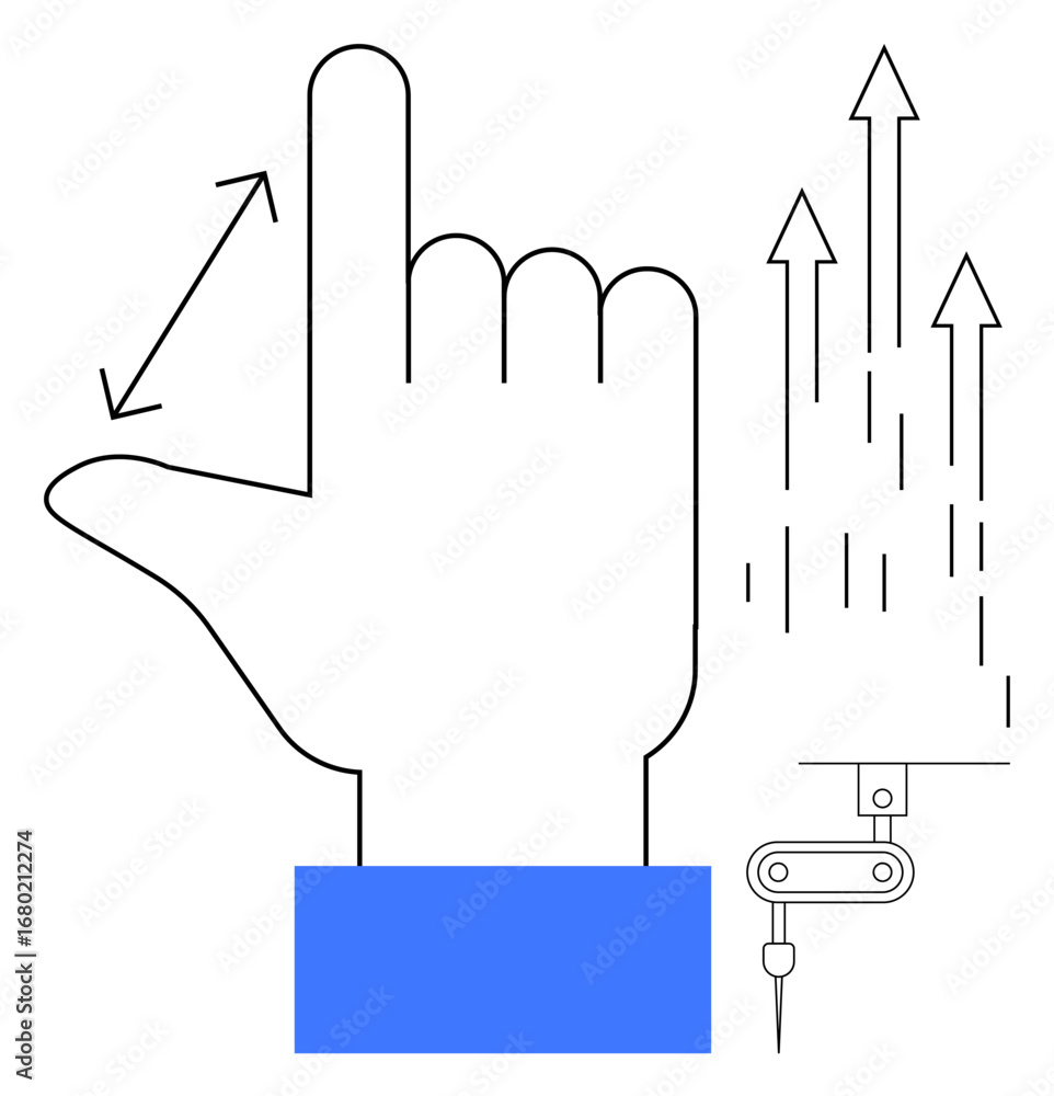 Poster hand scaling gesture with arrows symbolizing growth, and robotic arm indicating automation. ideal fo