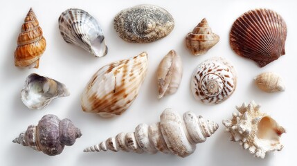 A collection of various seashells displayed, showcasing their intricate textures and forms