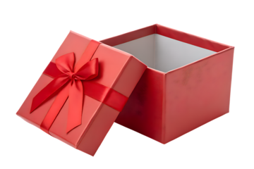 A vibrant red gift box with its lid open adorned with a satin ribbon and bow isolated on transparent background