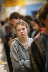 A nervous teenager standing in line for a free lunch program Volunteers offer encouragement The mood feels vulnerable but supportive, Generative AI