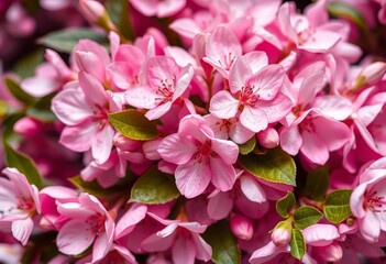 Fototapeta premium Close-up pink & white floral wallpaper; delicate blossoms & leaves, design, botanical