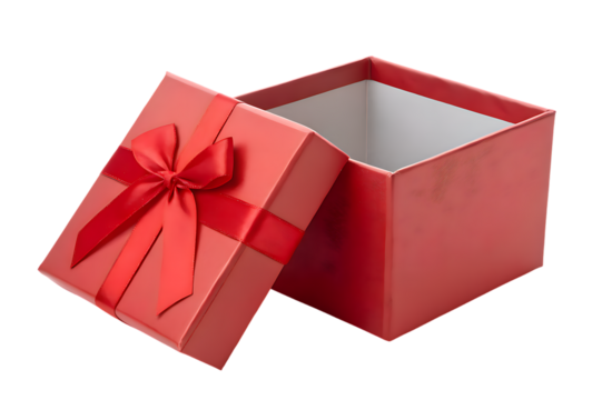 A vibrant red gift box with its lid open adorned with a satin ribbon and bow isolated on transparent background