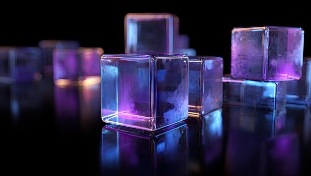 Glowing purple and blue glass cubes on dark reflective surface