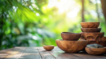 hand-carved wooden bowls and natural stone accessories, soft natural green blur background