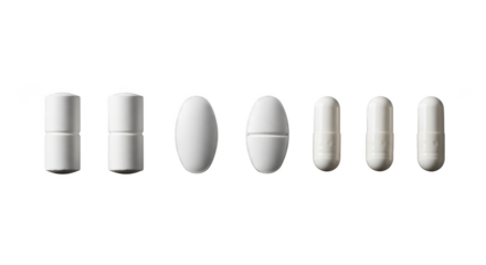 Different types of pills isolated on transparent background