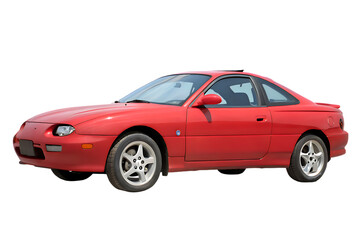 A vibrant red two door coupe sports car with a sleek aerodynamic design showcasing its sporty profile and alloy wheels isolated on transparent background