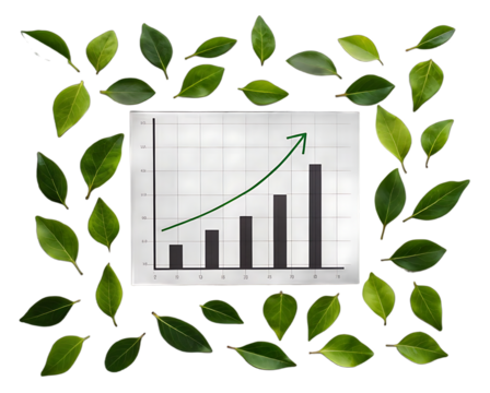 Business growth chart showing upward trend surrounded by green leaves transparent background