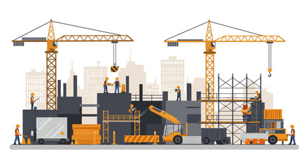 Construction Site Illustration with Cranes and Workers.