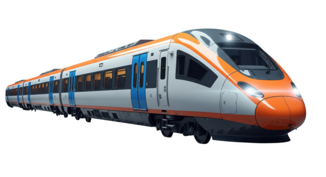 Modern orange passenger train isolated on transparent background