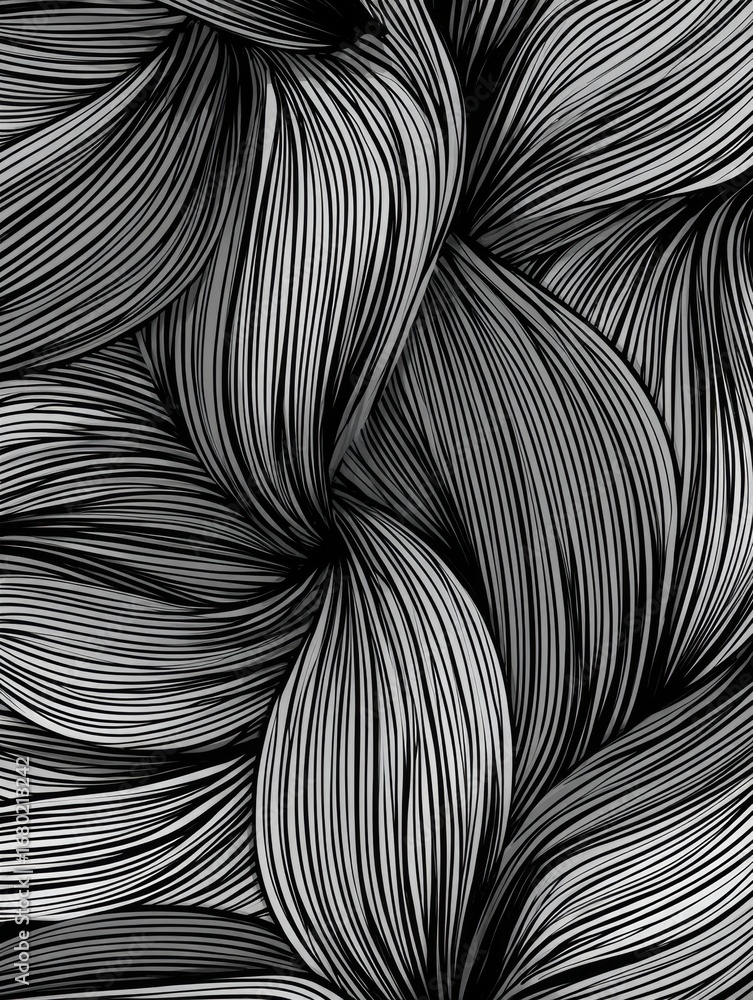 Poster intricate black and white design featuring flowing lines and patterns creating a sense of movement a