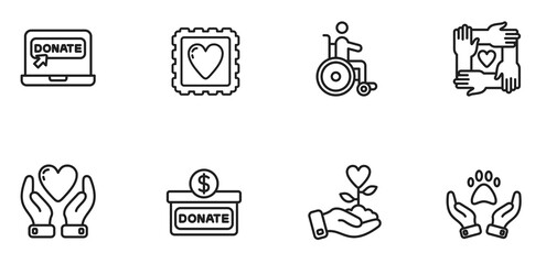 charity and donation icon set, line style. PNG