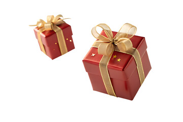 Obraz premium Two festive red gift boxes with gold ribbon and bows decorated with small gold dots isolated on transparent background