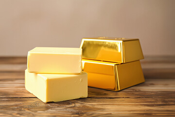 Blocks of butter and gold bars. Concept of high butter prices.