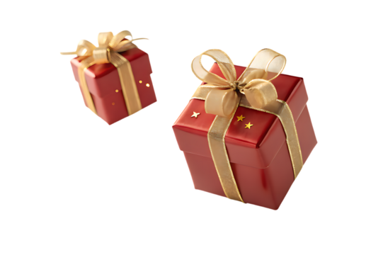 Two festive red gift boxes with gold ribbon and bows decorated with small gold dots isolated on transparent background