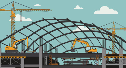 Obraz premium Construction Site with Cranes Excavators and Steel Structure.