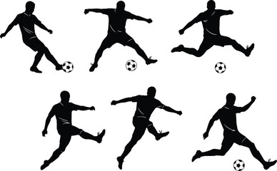 Silhouette Soccer Player Kicking Ball Vector Set – Action Poses for Sports Design, Football Motion Graphics, Training, and Team Posters