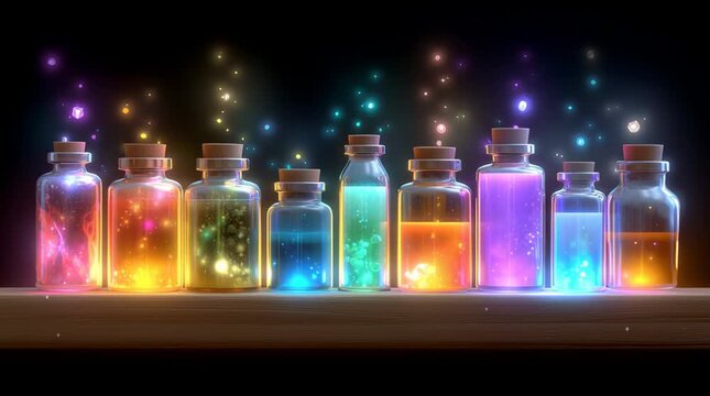 Magical glowing potion bottles wooden shelf with sparkling light effects creating mystical fantasy atmosphere and glowing magic sparkles dark