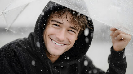 Young man smiling under transparent umbrella while enjoying rainy weather, showcasing joy and resilience in a wet environment with droplets. Selective focus