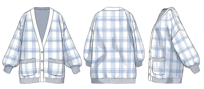 Light blue and white plaid cardigan with front pockets, three-quarter view