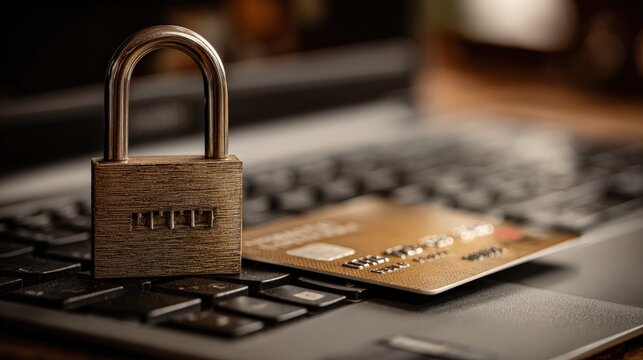 An illustrative composition presents a metal padlock resting on a laptop keyboard, symbolizing data protection. ..Created with Generative AI, not depicting real subjects.