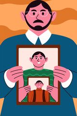 Flat illustration of a man holding nested picture frames showing younger versions of himself, symbolizing generations and life stages.