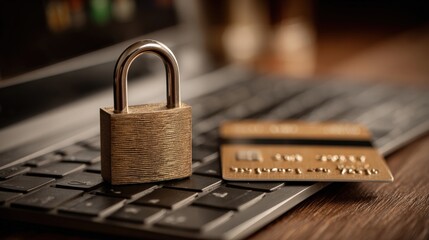 A conceptual composition featuring a padlock on a laptop keyboard beside a credit card. ..Created with Generative AI, not depicting real subjects.
