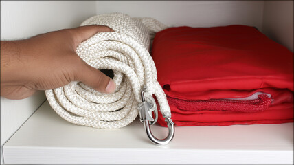 Coiled White Rescue Rope with Carabiner and Folded Red Emergency Blanket Stored in Closet, Close-Up of Arm Reaching for Rescue Equipment, Public Disaster Reduction and Rescue Theme