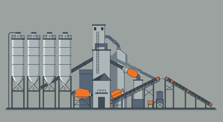 Industrial Concrete Plant Illustration with Silos and Conveyor.