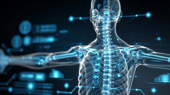 Digital human anatomy skeleton spine rib arm bone medical technology interface showing detailed skeletal system glowing blue light floating data