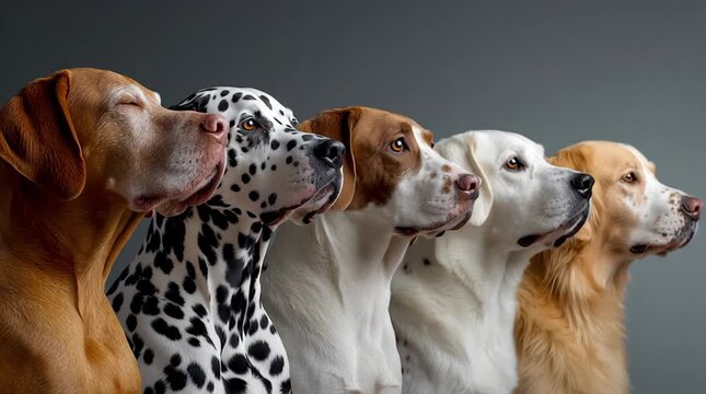 Five attentive dogs in canine lineup posing for pet portraits in studio setting showcasing various breeds and animal coat patterns