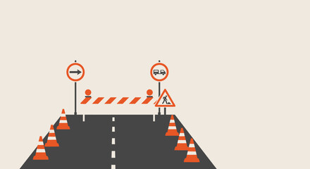 Road Construction Zone with Warning Signs and Cones.