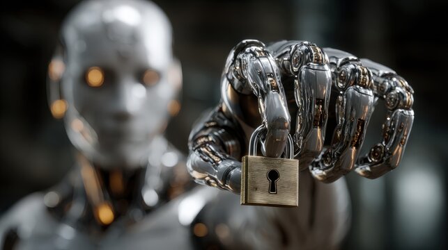 Cybersecurity Sentinel: An advanced robotic figure, its metallic hand securely clasps a vintage padlock, symbolizing the protection and security in the digital realm. Generative Ai - Powered by Adobe
