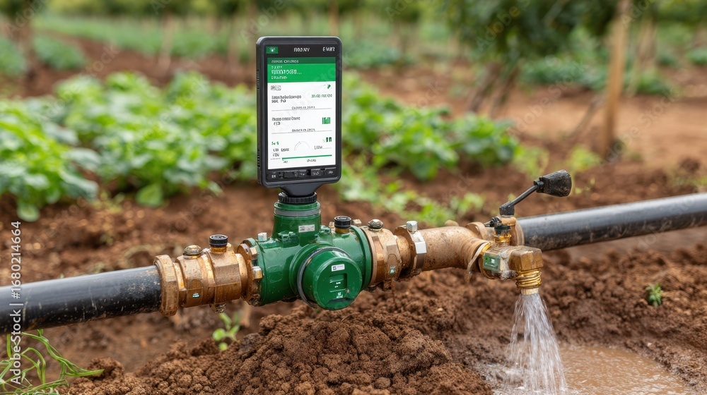 Poster medium shot highlighting an irrigation system valve control menu on telemetry display focused valve 